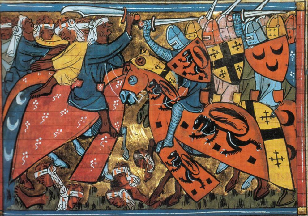 Scontro tra cavalieri arabi e crociati - immagine ripresa dalla pagina: liberthalia.wordpress.com/2015/03/16/oriente-e-occidente/